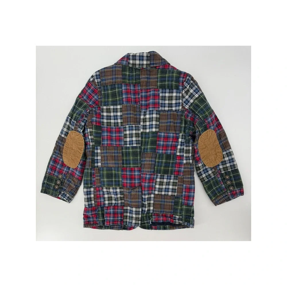 Gap Patchwork Blazer Boys 5T Red Blue Green Plaid Corduroy Elbow Patches Preppy